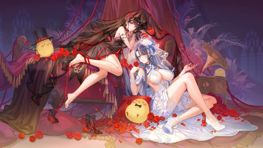 红玫瑰与黑白色古风少女电脑壁纸