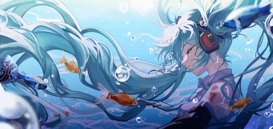 水下初音与金鱼二次元电脑壁纸