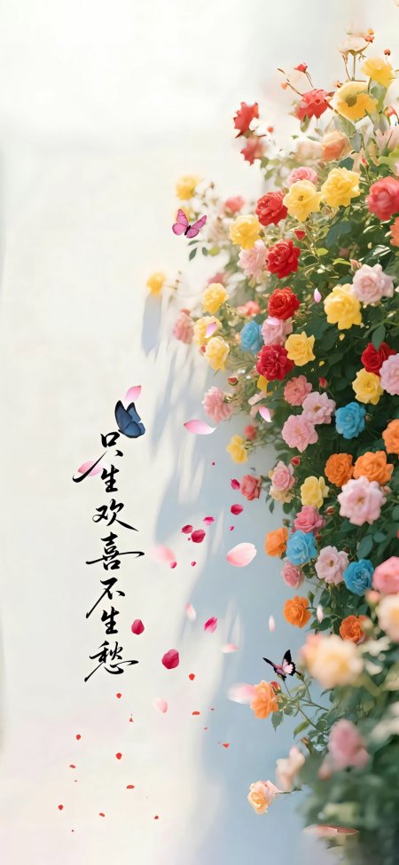 “只生欢喜不生愁” 文字花簇风手机壁纸