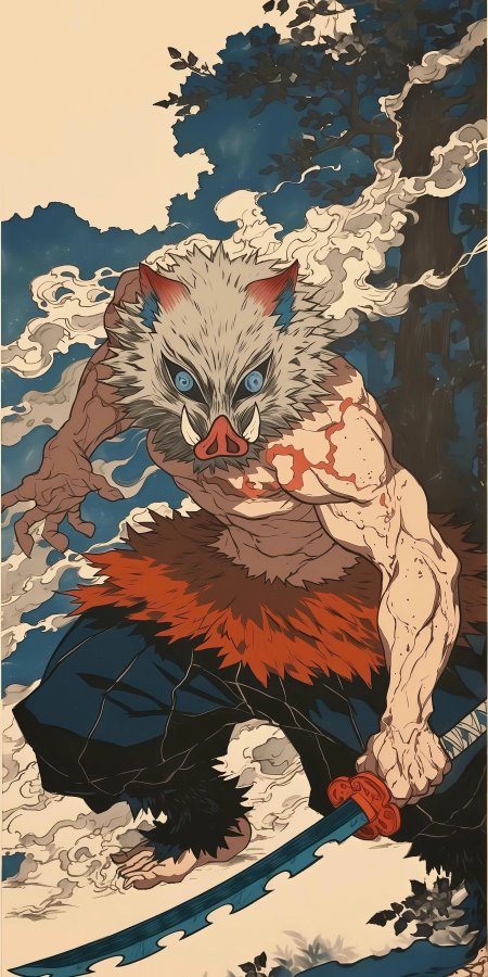 《鬼灭之刃》伊之助浮世绘风格手机壁纸