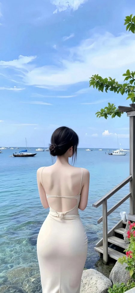 海边露背裙少女优雅风手机壁纸