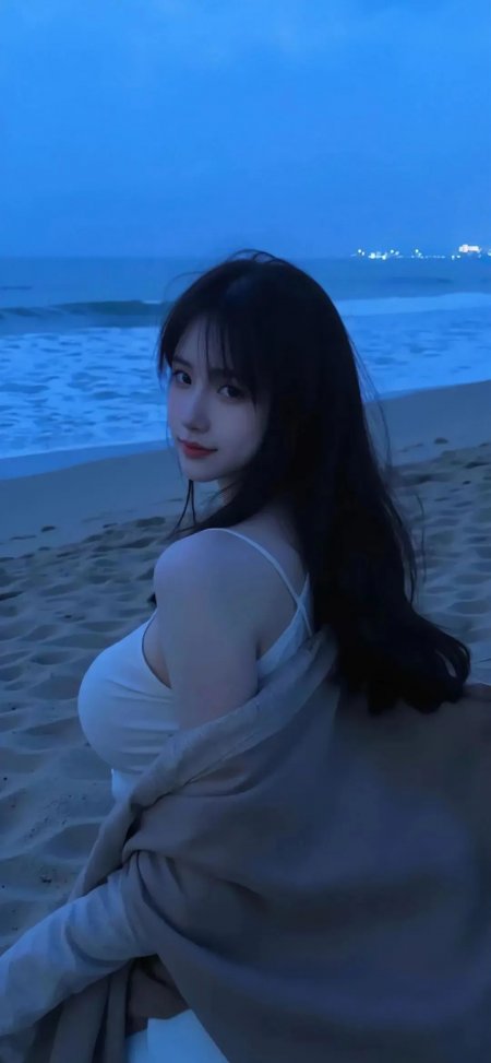 蓝调海滩少女氛围感手机壁纸