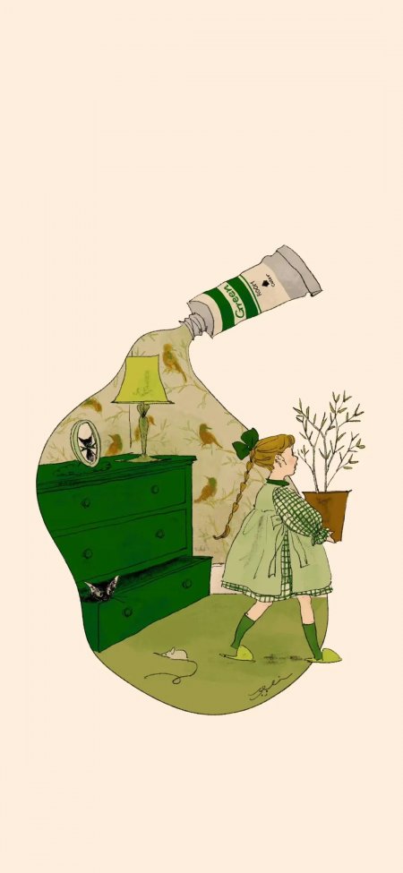 绿调女孩与家具创意风手机壁纸