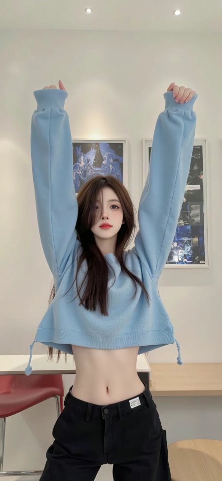 蓝卫衣露脐少女活力风手机壁纸