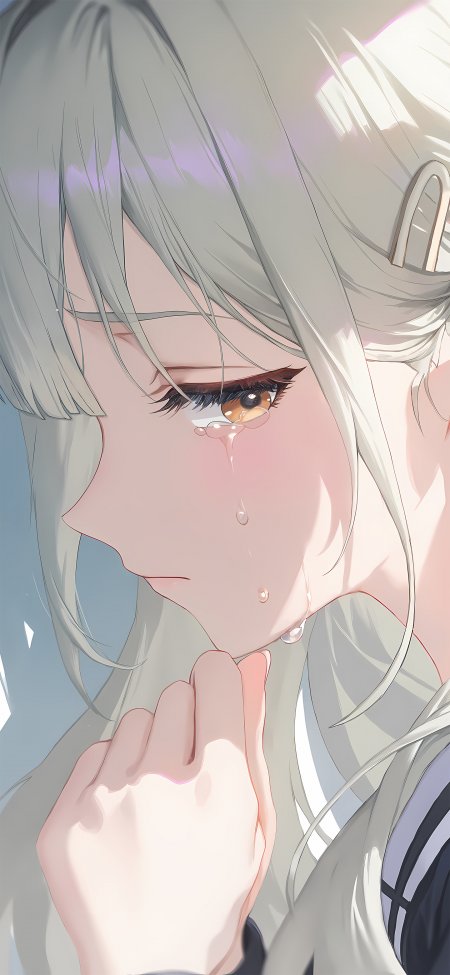 落泪银发少女伤感风手机壁纸