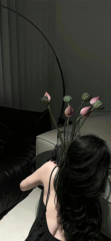 室内荷花与黑衣少女文艺风手机壁纸