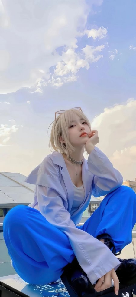 天台蓝紫穿搭少女手机壁纸