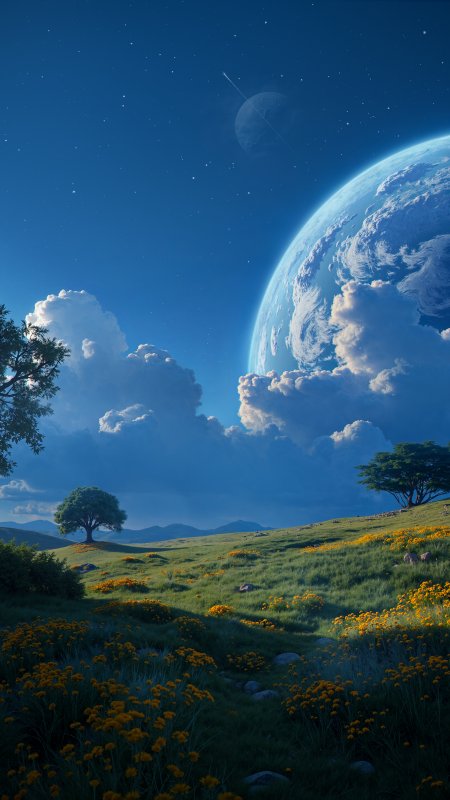外星草原与巨型星球手机壁纸