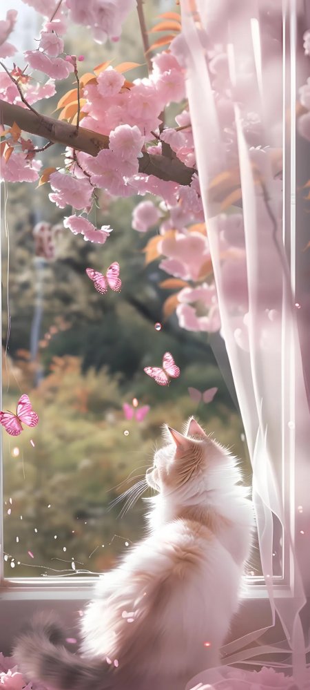 猫咪赏樱治愈系手机壁纸