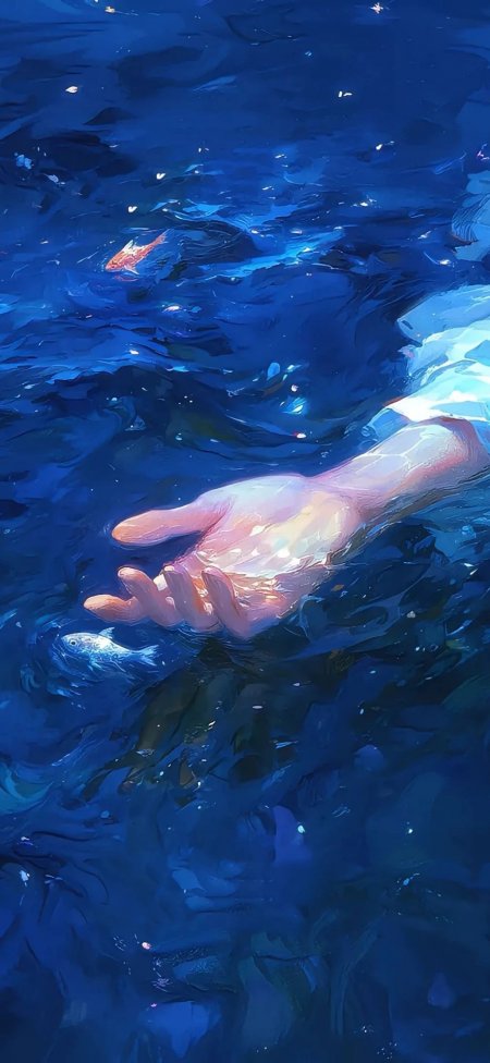 蓝调水中手与鱼艺术手机壁纸