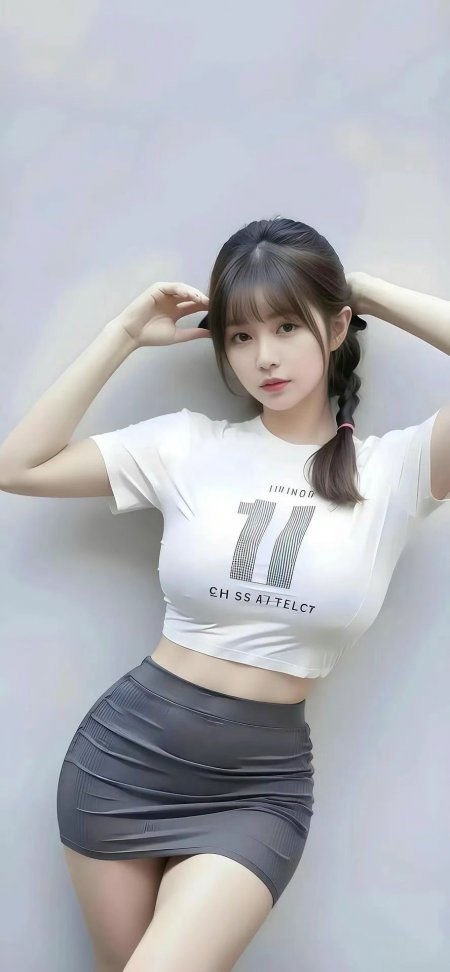 白 T 灰裙甜酷少女手机壁纸