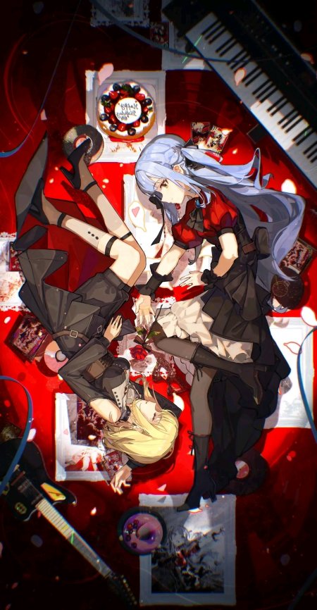 红底双动漫少女互动手机壁纸