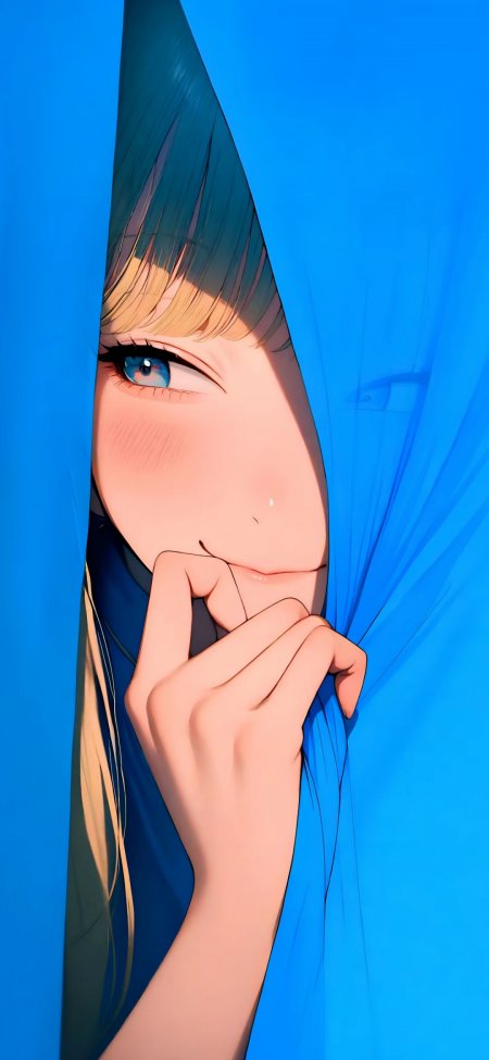 蓝帘后动漫少女手机壁纸