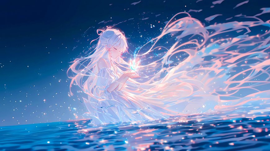 梦幻发光白衣少女水中场景壁纸