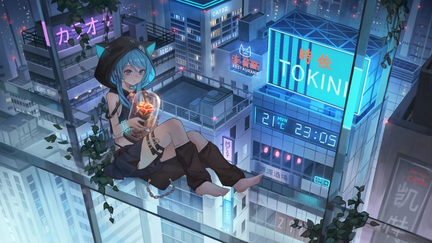 赛博朋克猫耳少女城市夜景壁纸