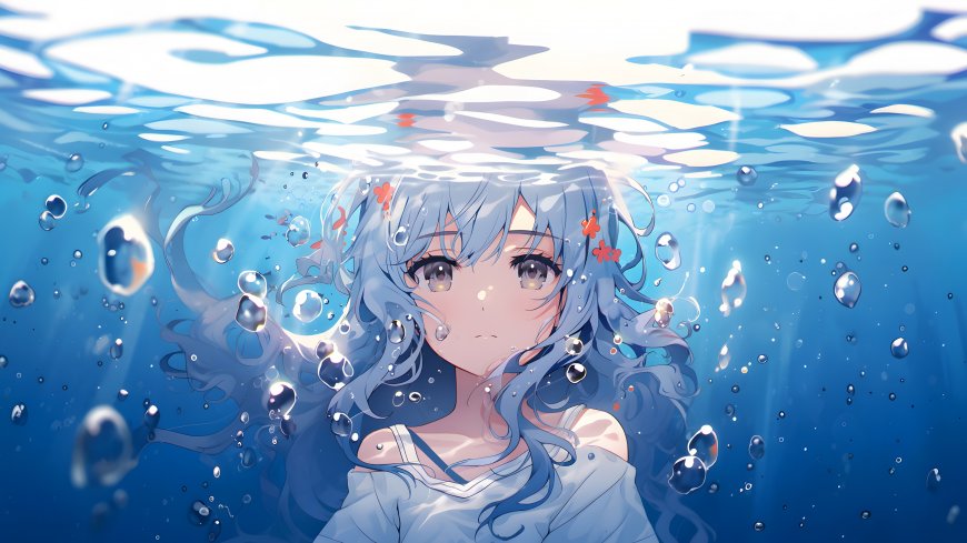 蓝发少女水下气泡梦幻场景壁纸
