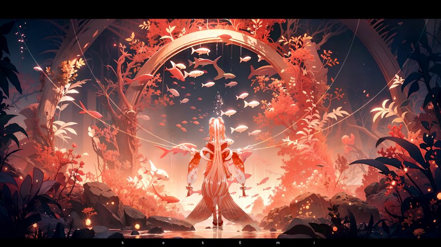 奇幻森林红衣少女浮空鱼群壁纸