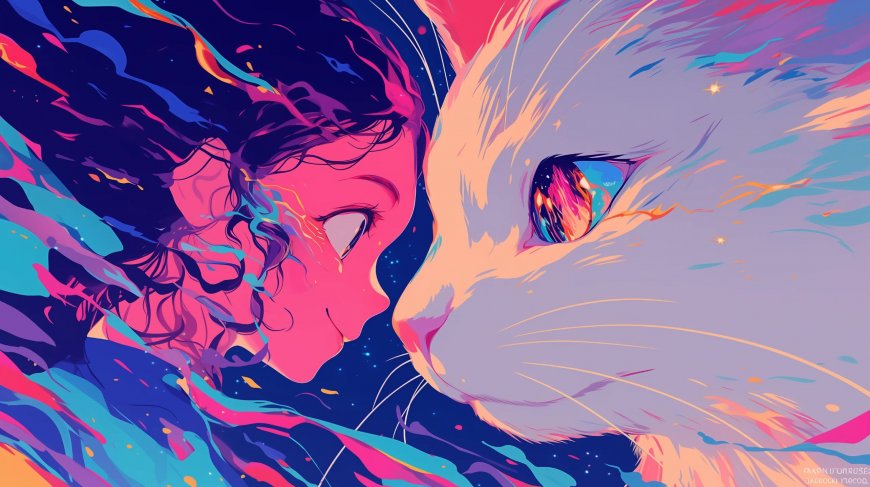 炫彩风格少女与猫电脑壁纸