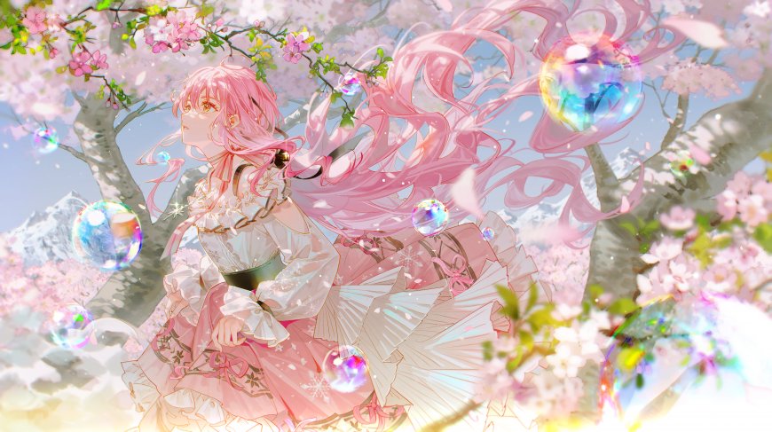 水晶中的粉发二次元少女电脑壁纸