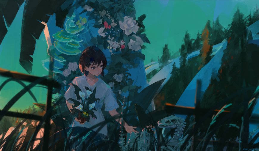 绿植花丛中少女治愈系电脑壁纸