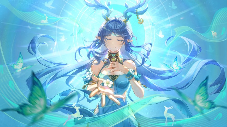 蓝发鹿角精灵少女电脑壁纸