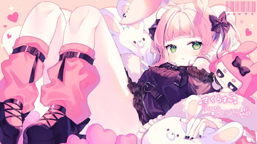 粉发兔耳娘与萌兔玩偶粉色系电脑壁纸