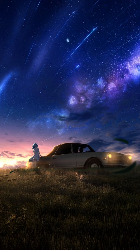 星空下汽车与少女动漫场景手机壁纸