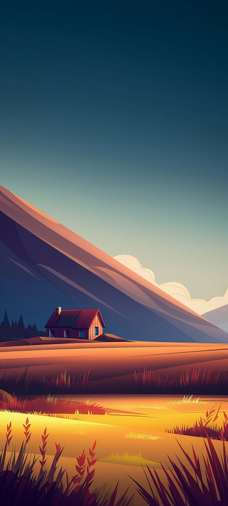 山间小屋黄昏风景插画手机壁纸
