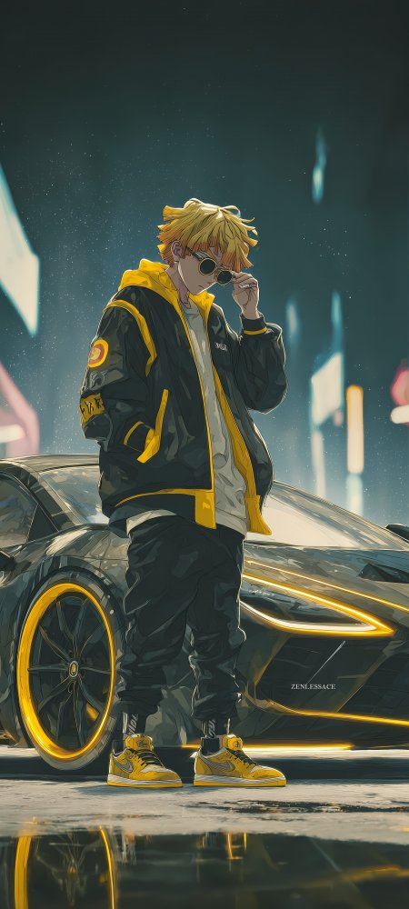 赛博朋克风潮流少年与跑车壁纸