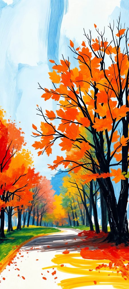 秋日树林道路手绘手机壁纸