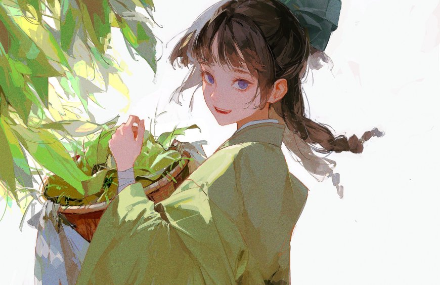 日系和风绿植少女插画电脑壁纸