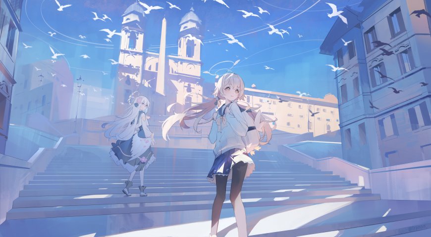 动漫少女欧式建筑场景电脑壁纸