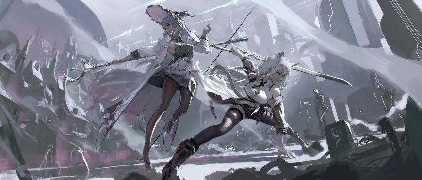 灰白风动漫少女战斗场景电脑壁纸