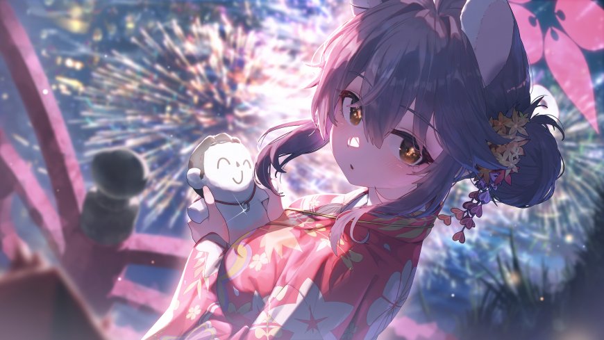 日系和服兽耳少女烟花电脑壁纸