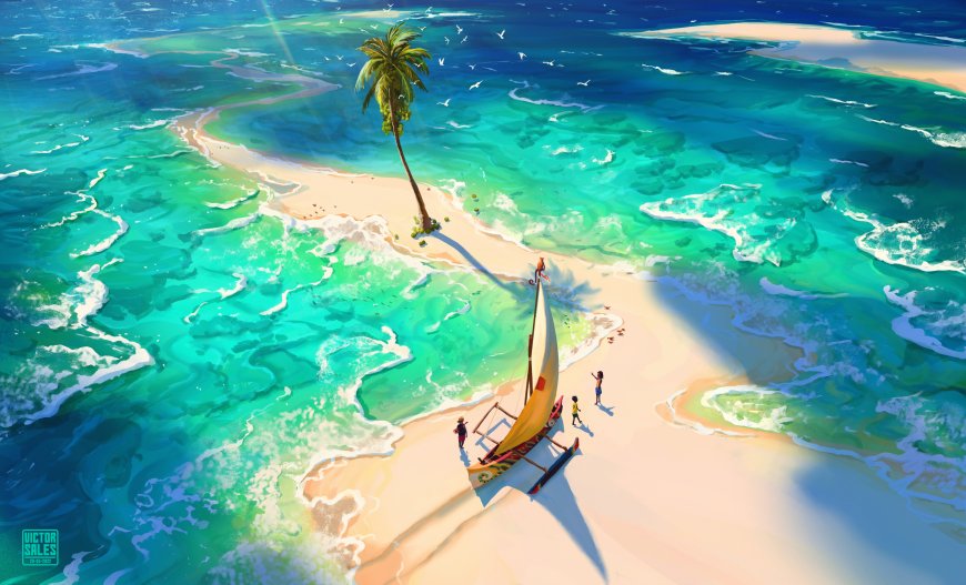 VSales 海洋沙滩风景 儿童棕榈树帆船插画