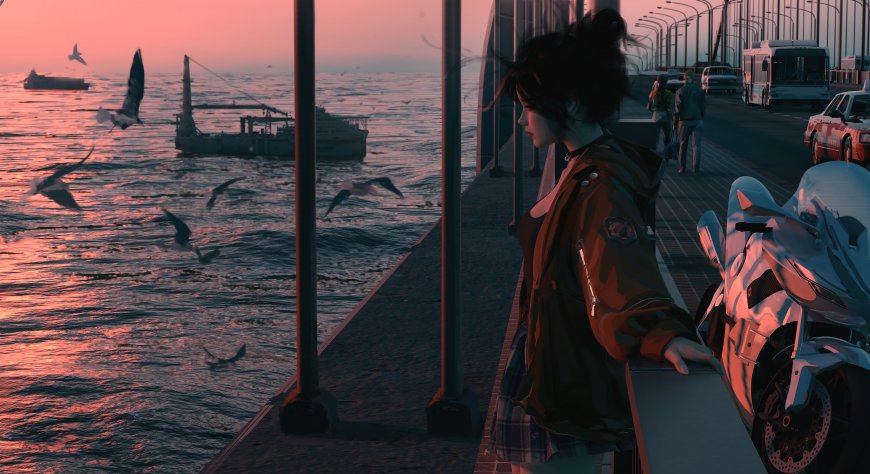 海边日落少女与摩托车壁纸