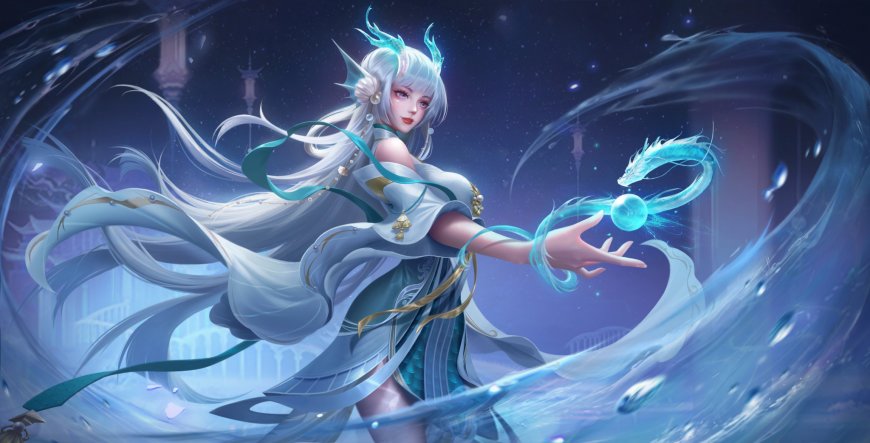 《王者荣耀》蓝白色调龙女角色插画