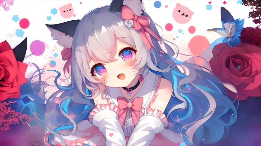 粉蓝发猫耳风格少女插画