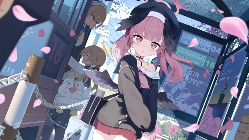 粉发少女车站樱花场景电脑壁纸