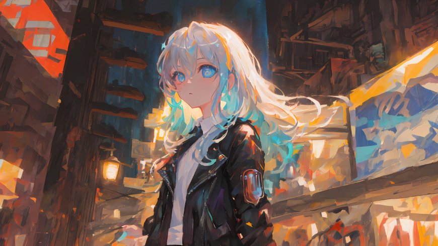 白发蓝眼少女城市夜景插画