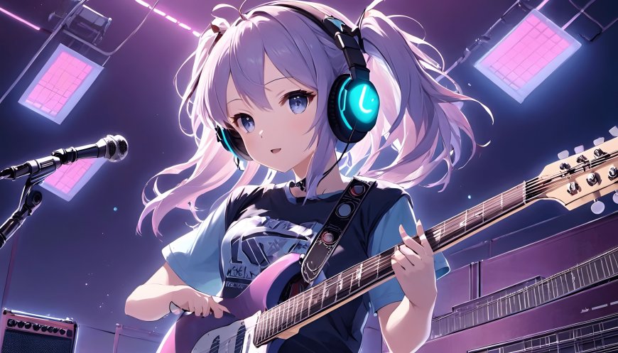 粉紫发耳机少女弹吉他插画
