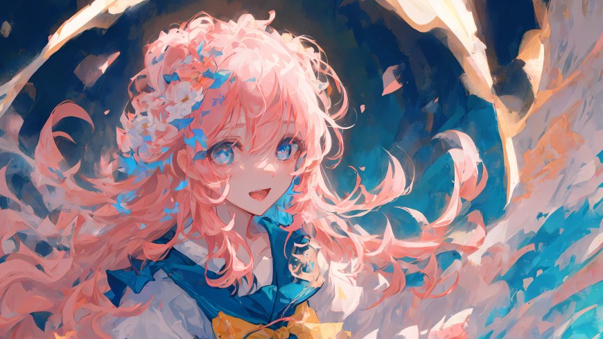 粉发蓝眼少女梦幻插画
