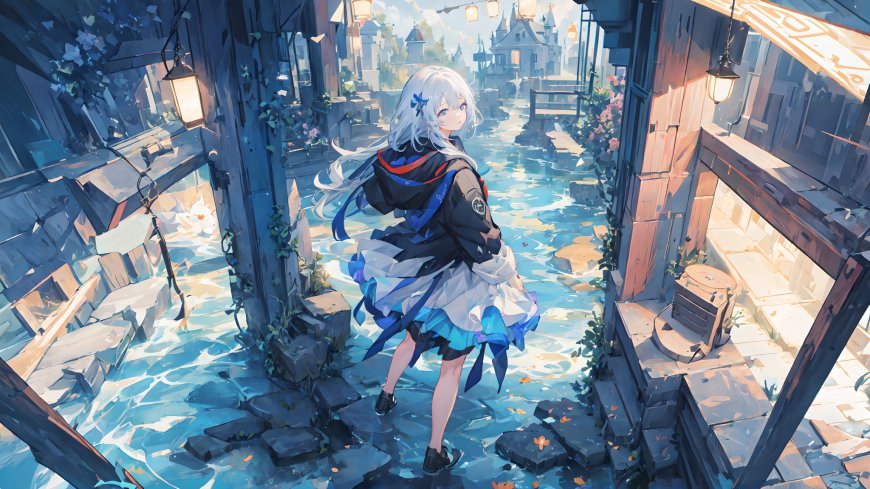 白发少女在水巷场景插画