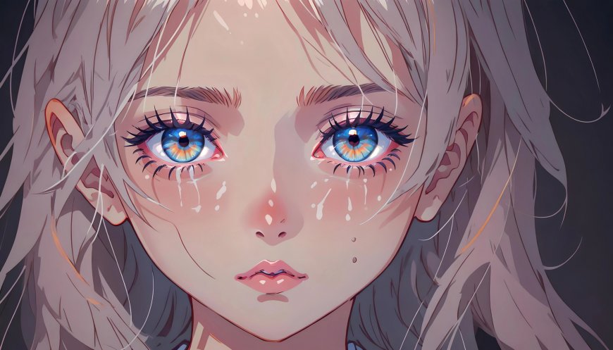 蓝眼白发少女泪眼特写插画
