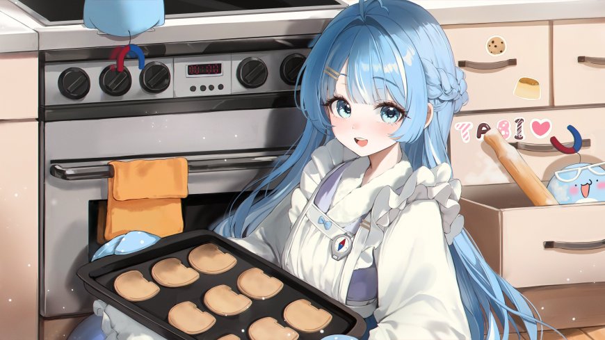 蓝发少女厨房烤饼干温馨动漫壁纸