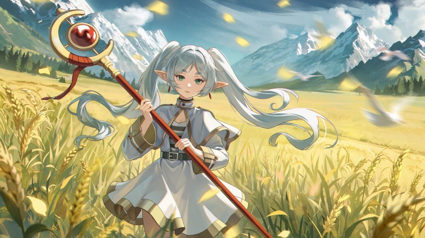 精灵耳双马尾少女持法杖站在麦田插画壁纸