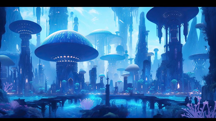 蓝调未来主义城市建筑群插画壁纸