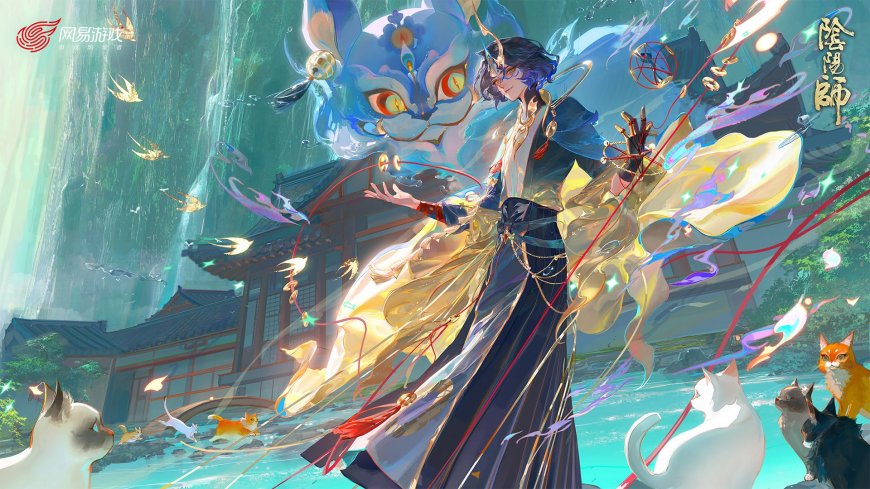 奇幻庭院《阴阳师》角色与灵猫场景插画壁纸
