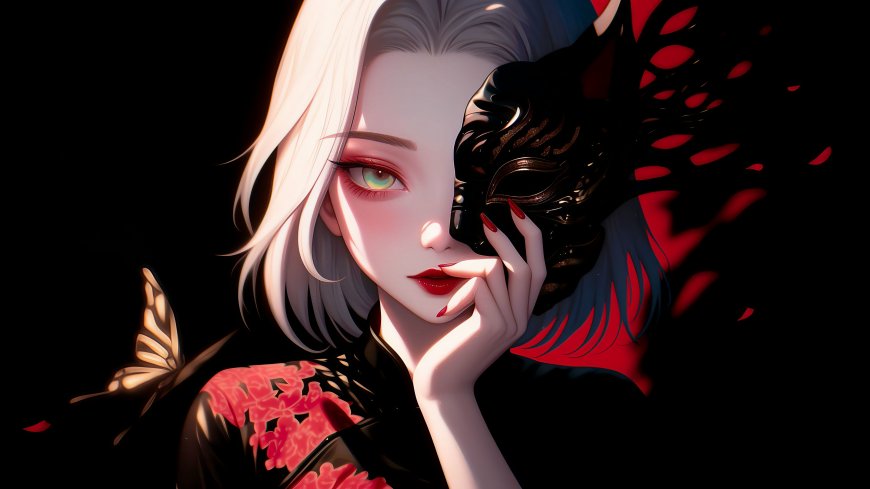 黑白面具白发女性暗黑风动漫壁纸