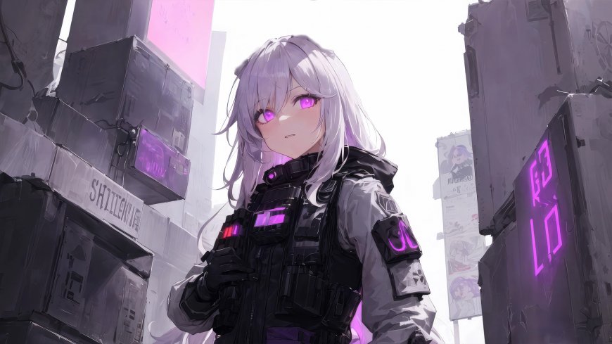 赛博朋克风格银发少女插画壁纸